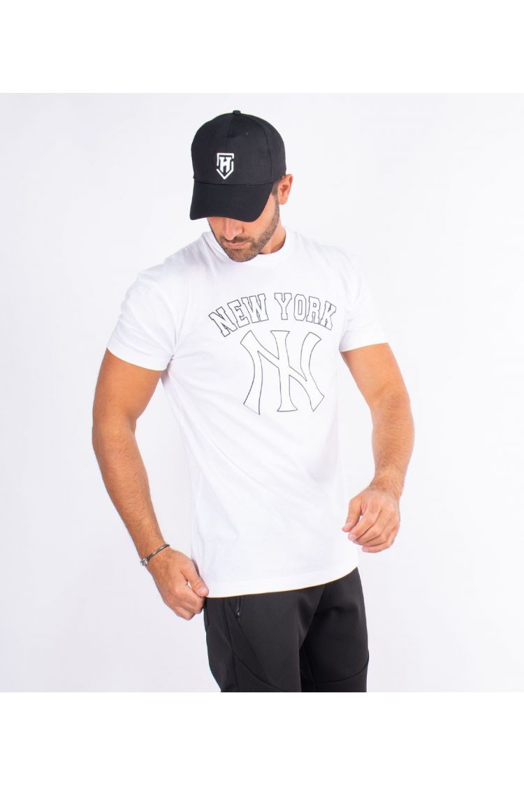 T-shirt col rond avec lettres "new york " blanc