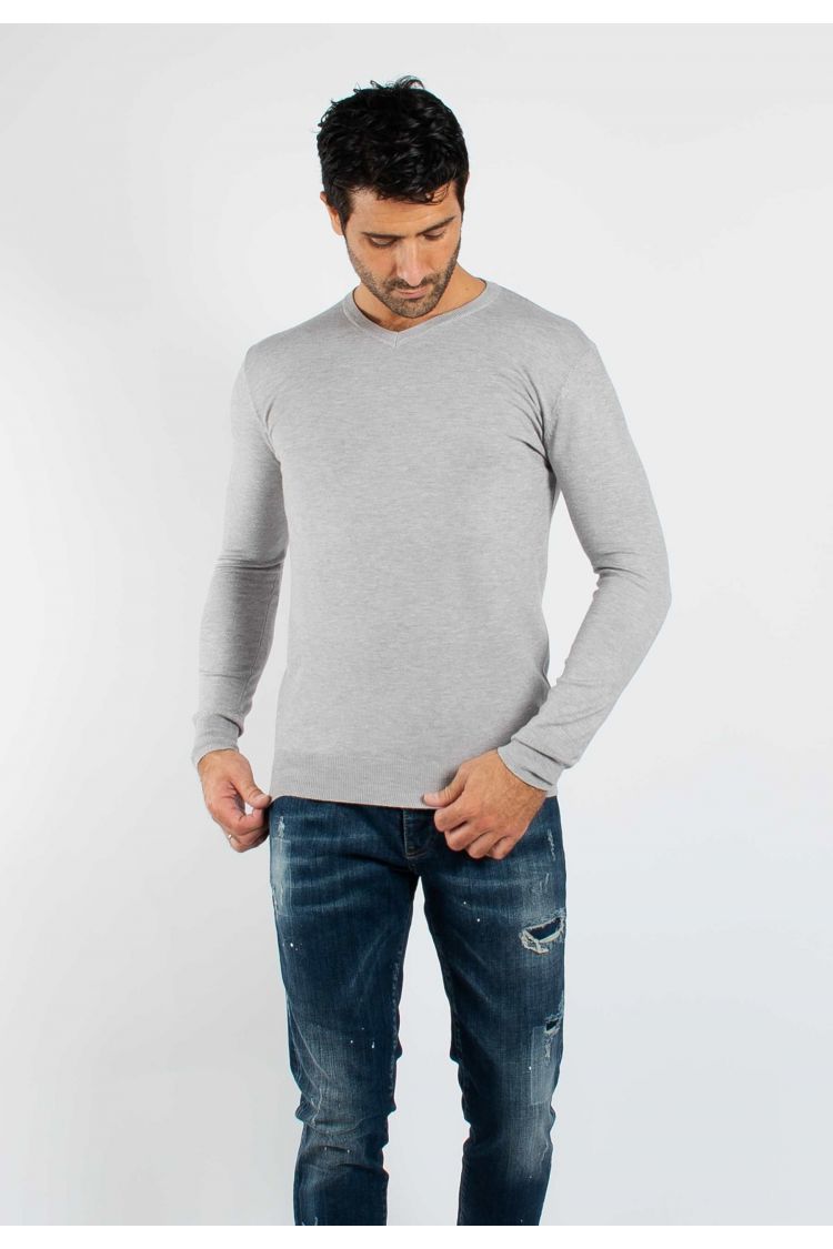 Pull fin col V YY03 - Gris