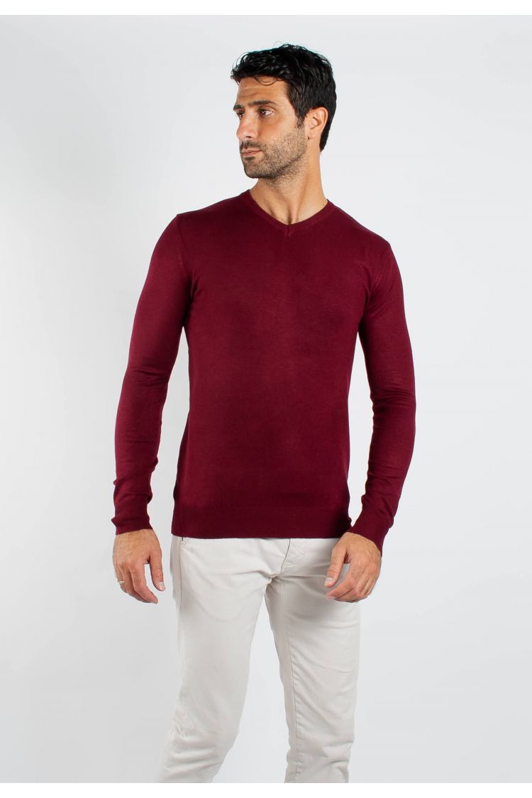 Pull fin col V YY03 - Rouge