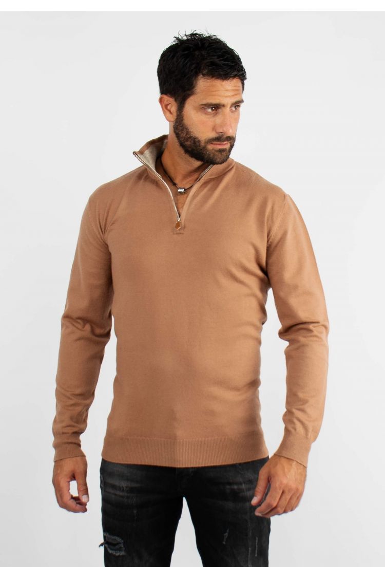 Pull à col zip camel