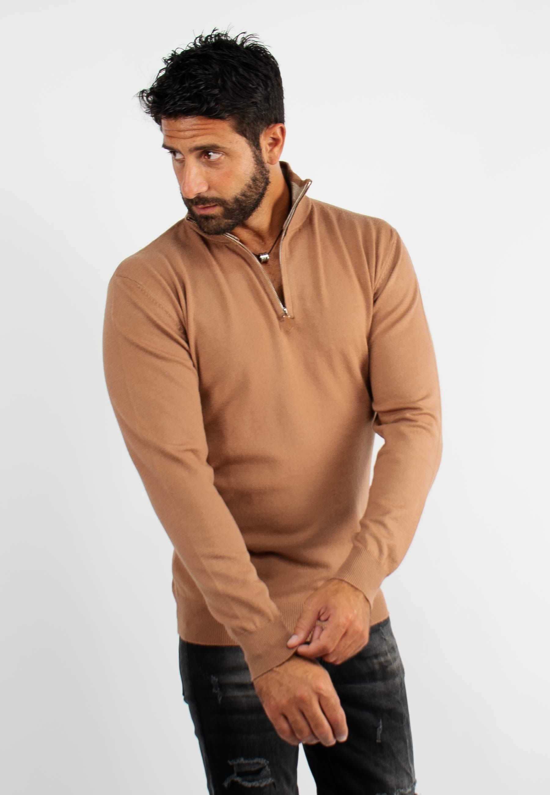 Pull à col zip camel