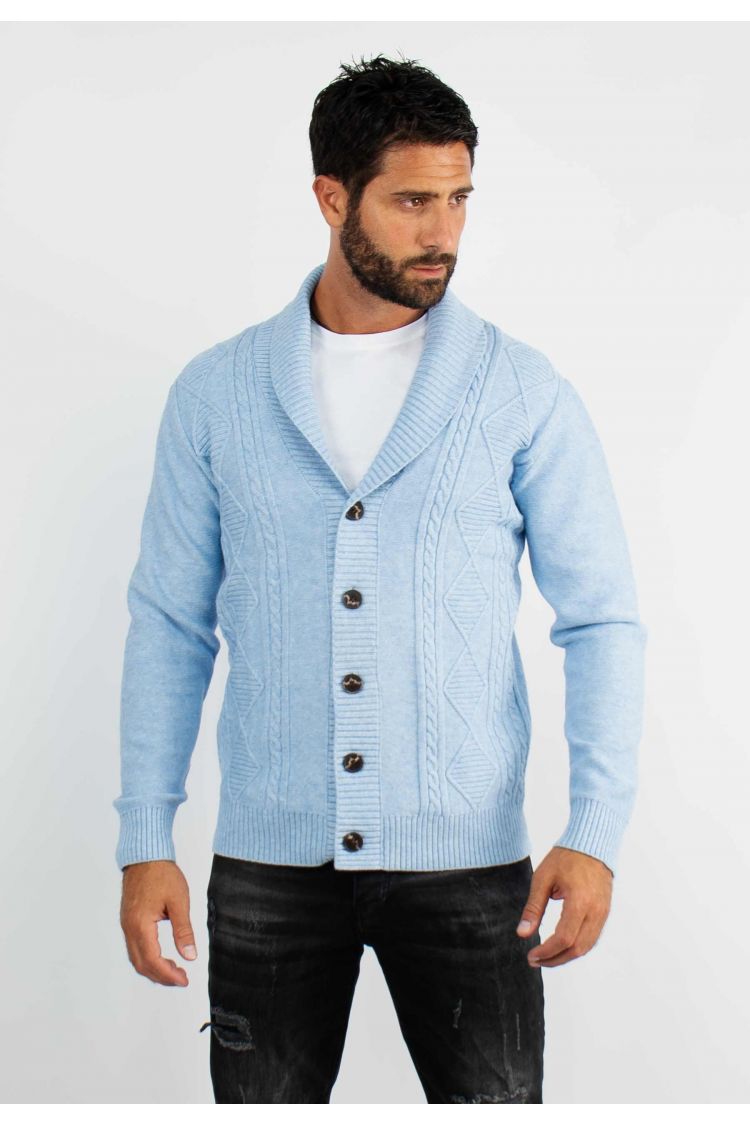 Gilet en maille à gros boutons et col v bleu chiné