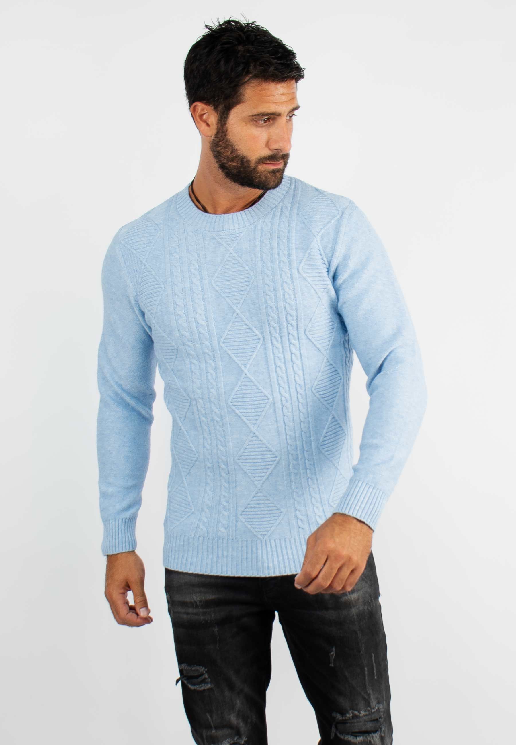 Pull col rond en maille bleu chiné