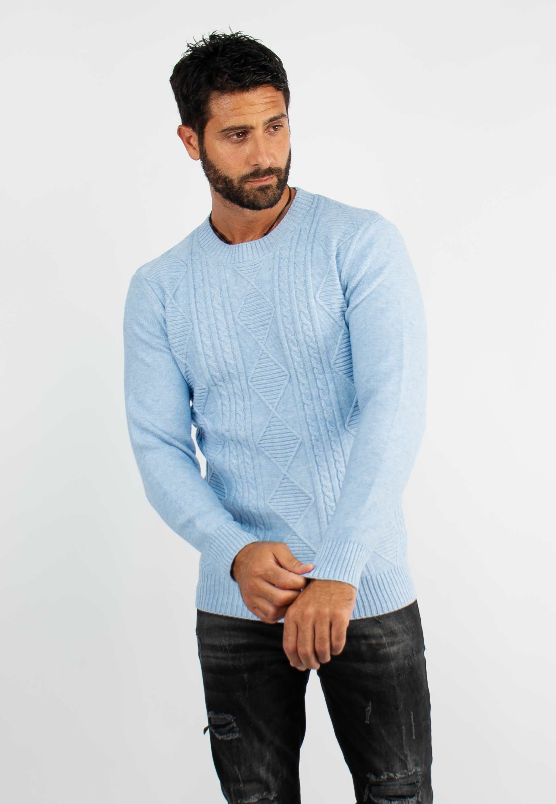 Pull col rond en maille bleu chiné