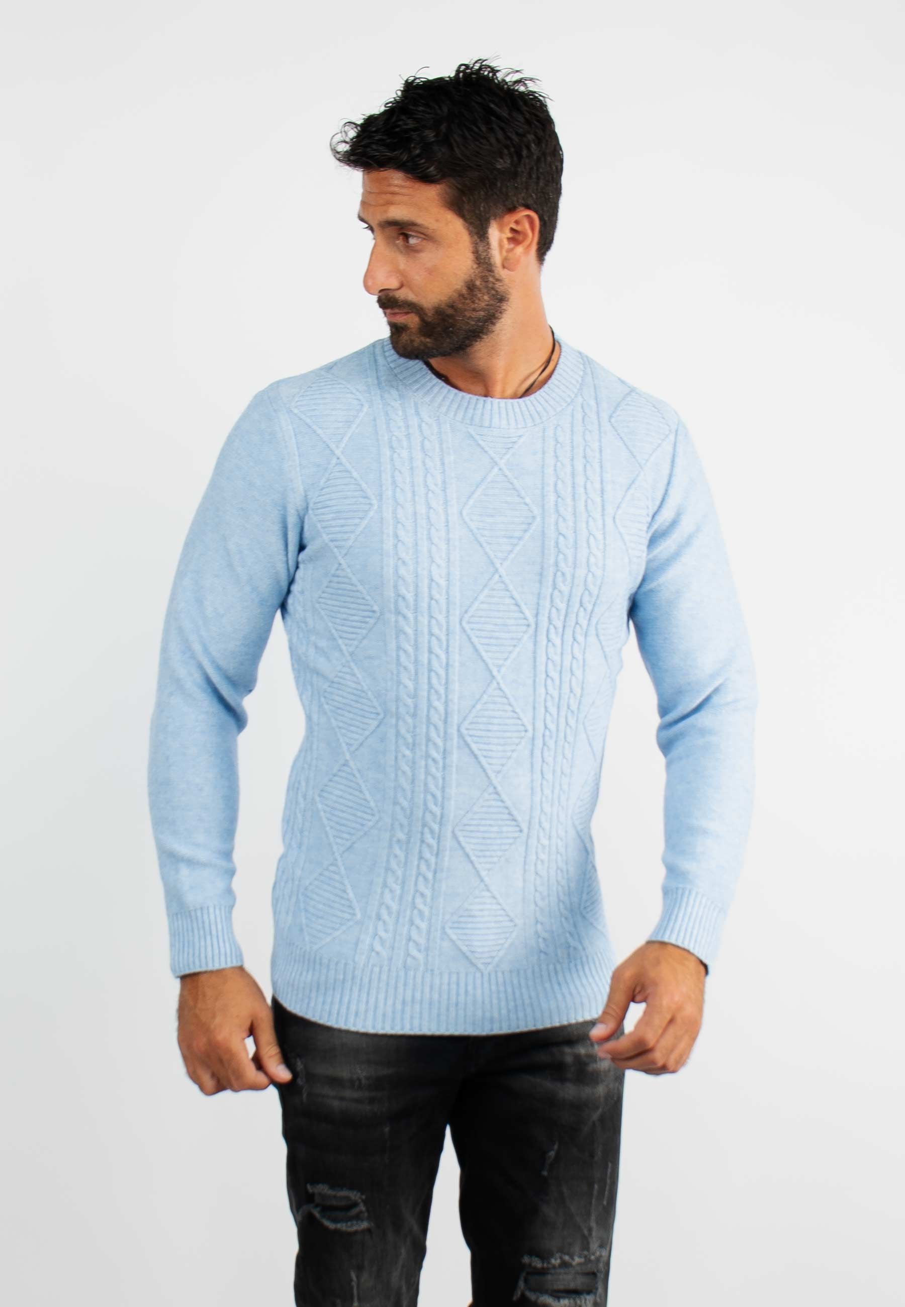 Pull col rond en maille bleu chiné