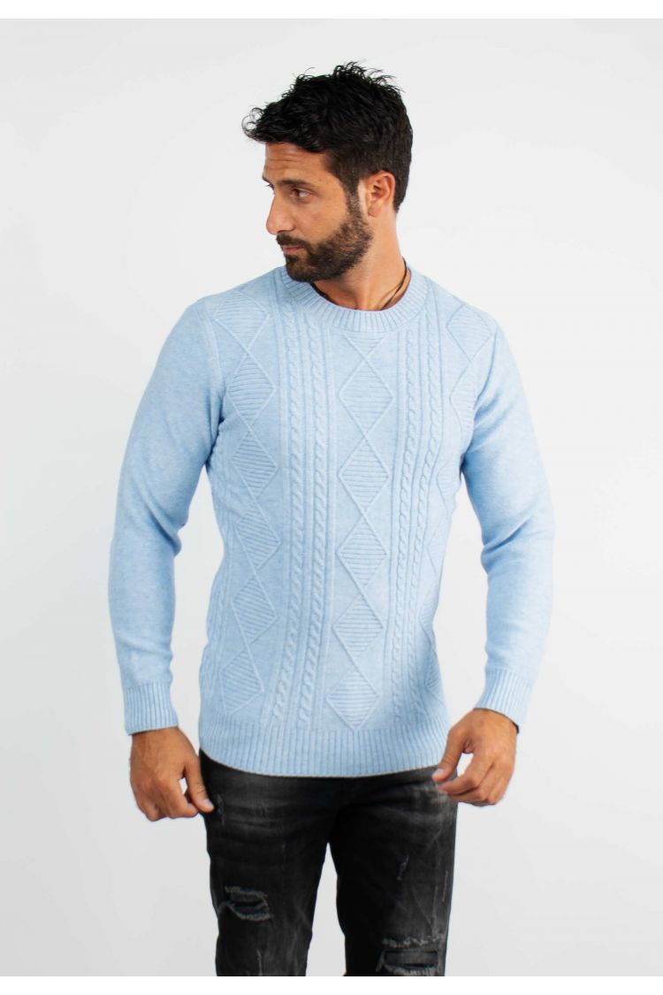 Pull col rond en maille bleu chiné