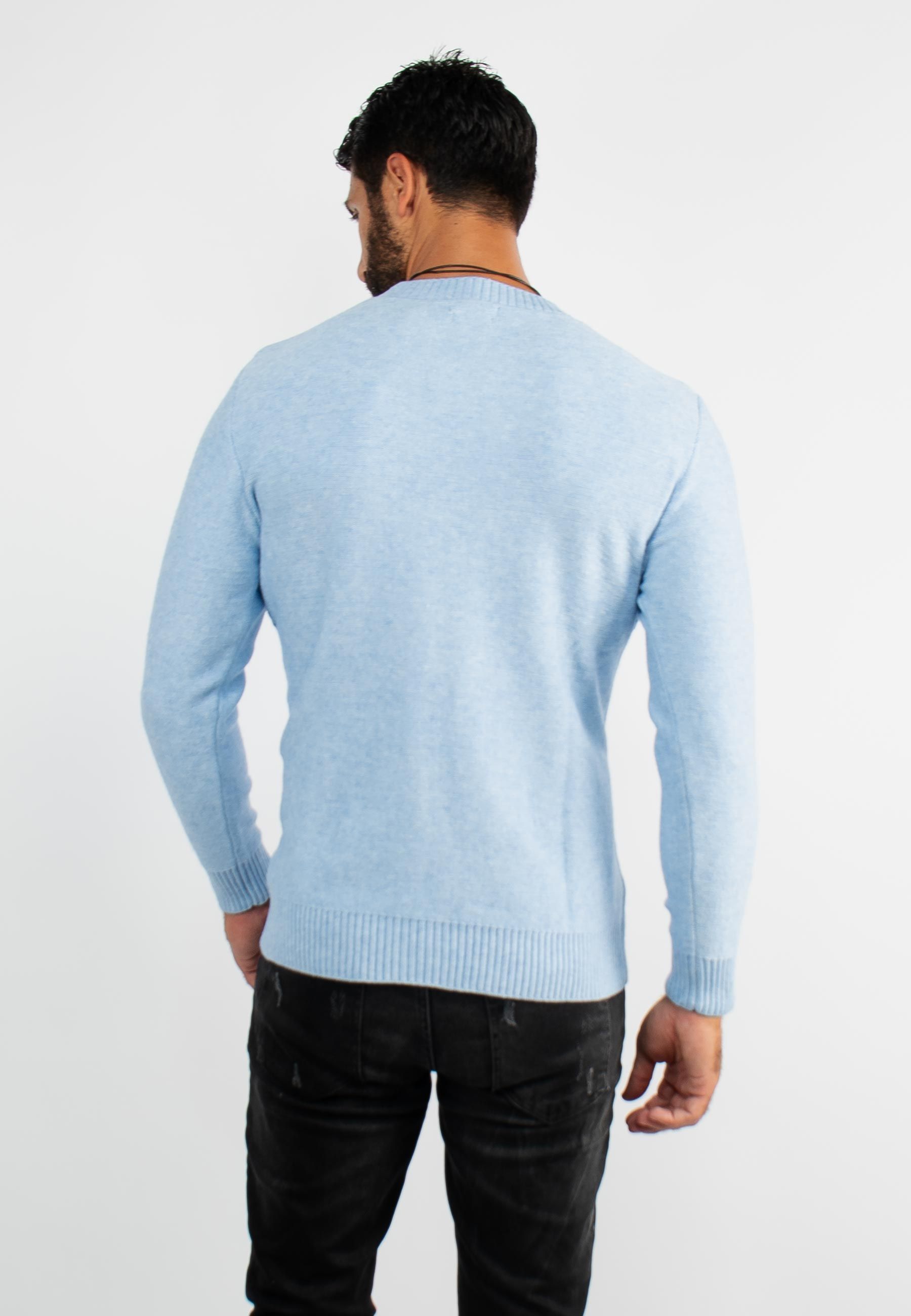 Pull col rond en maille bleu chiné