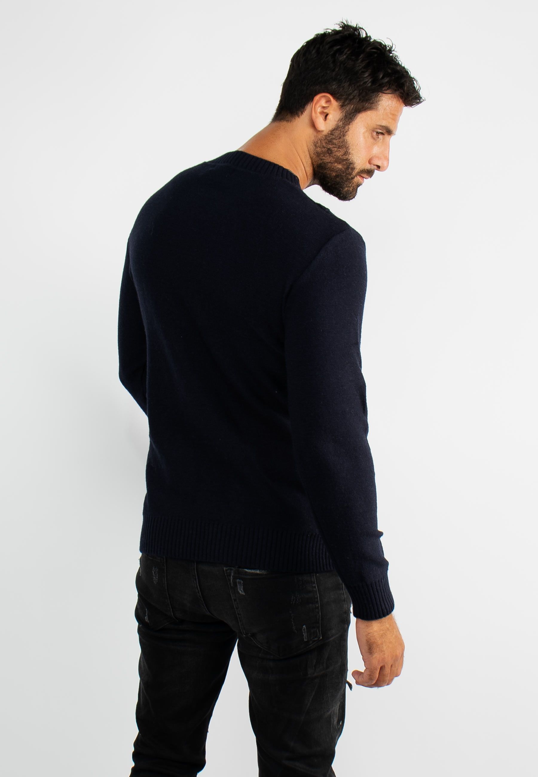 Pull col rond en maille marine