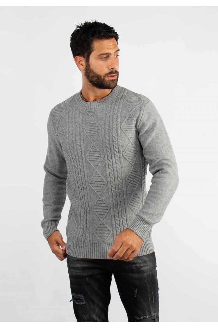 Pull col rond en maille gris chiné