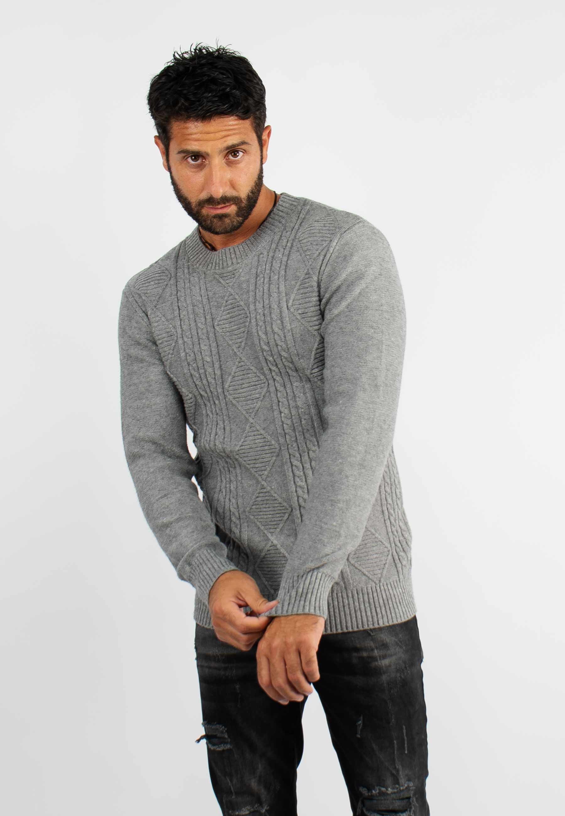 Pull col rond en maille gris chiné