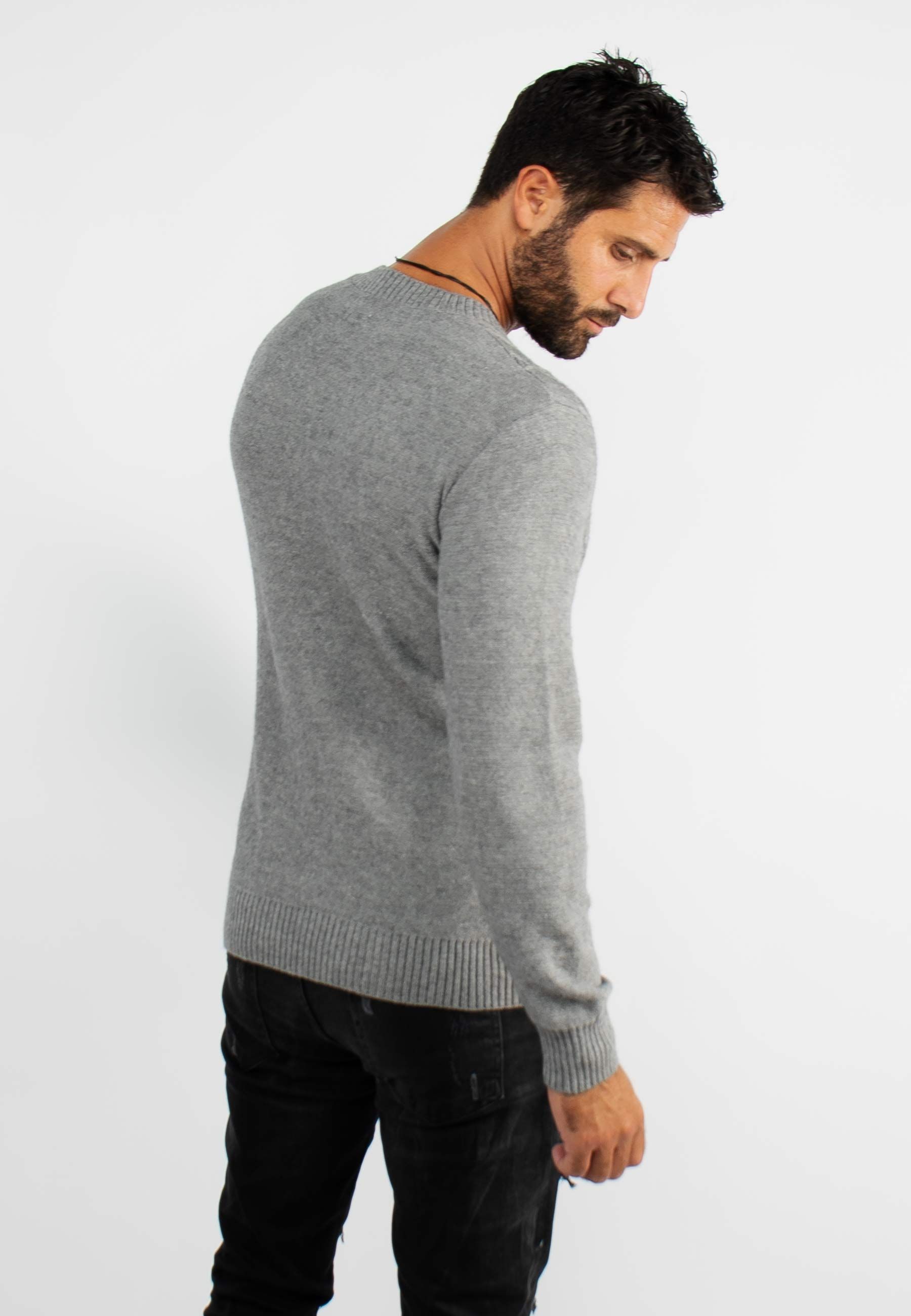 Pull col rond en maille gris chiné