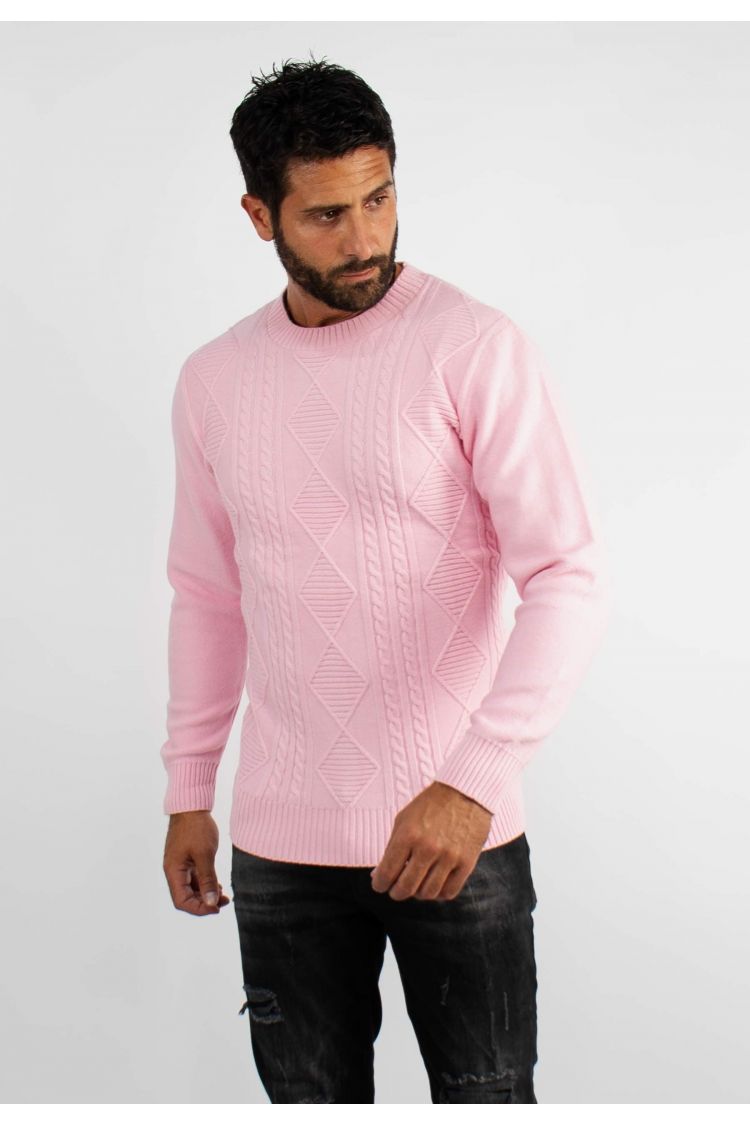 Pull col rond en maille rose