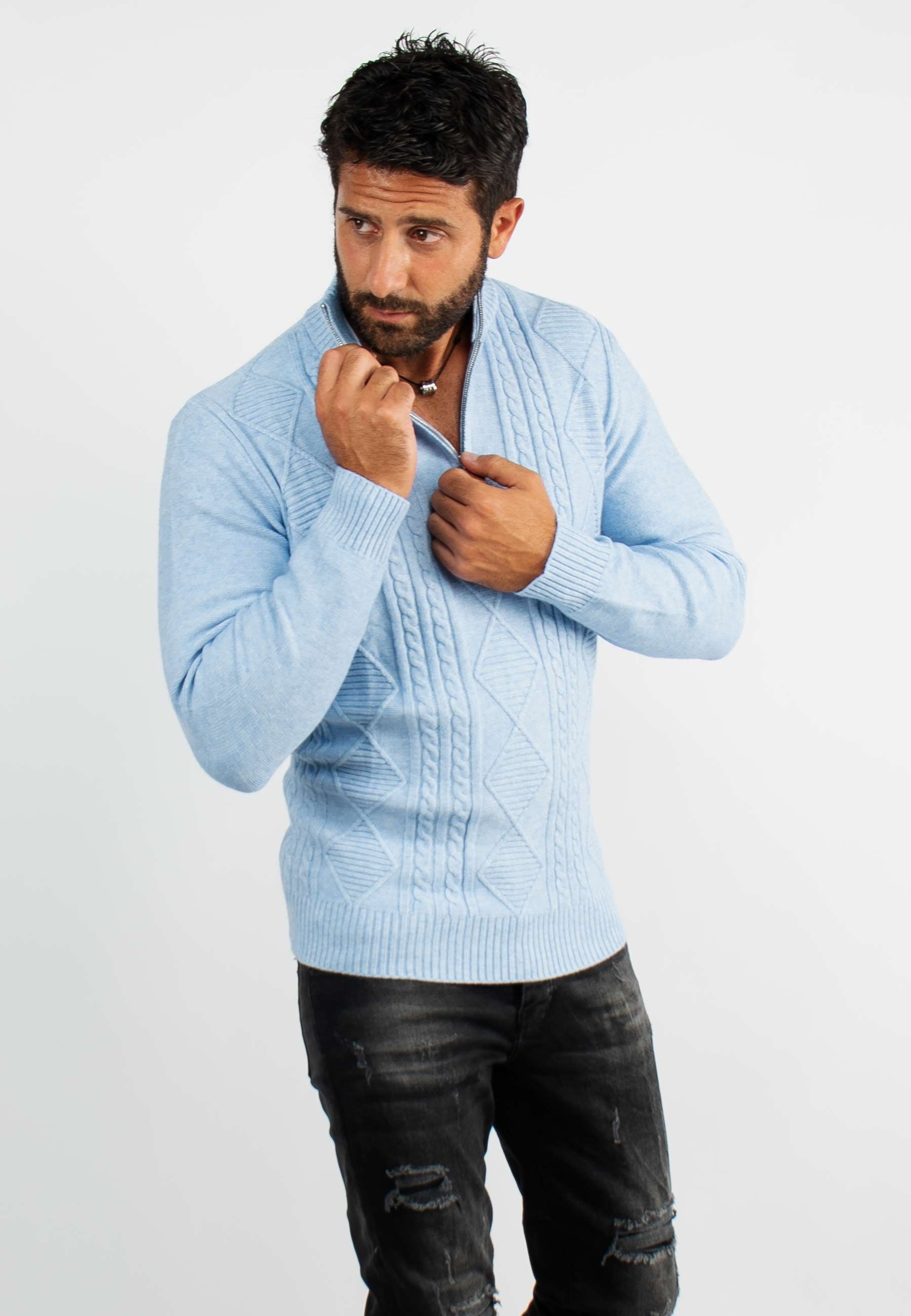 Pull en maille avec col zip bleu chiné