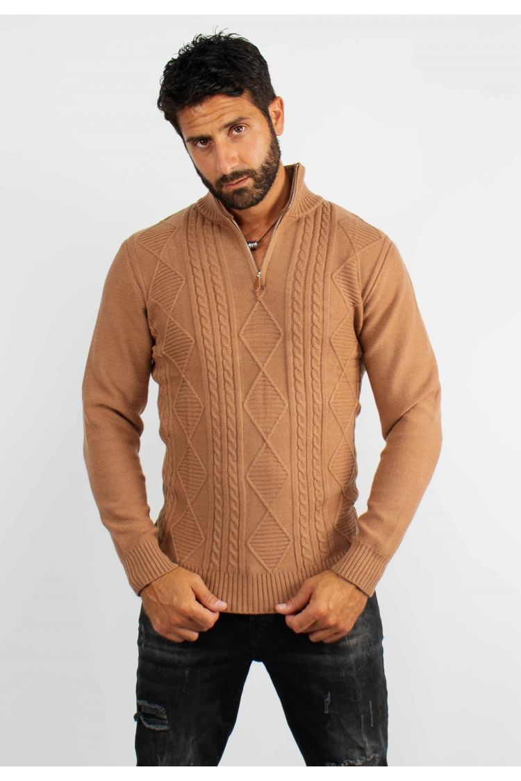 Pull en maille avec col zip camel