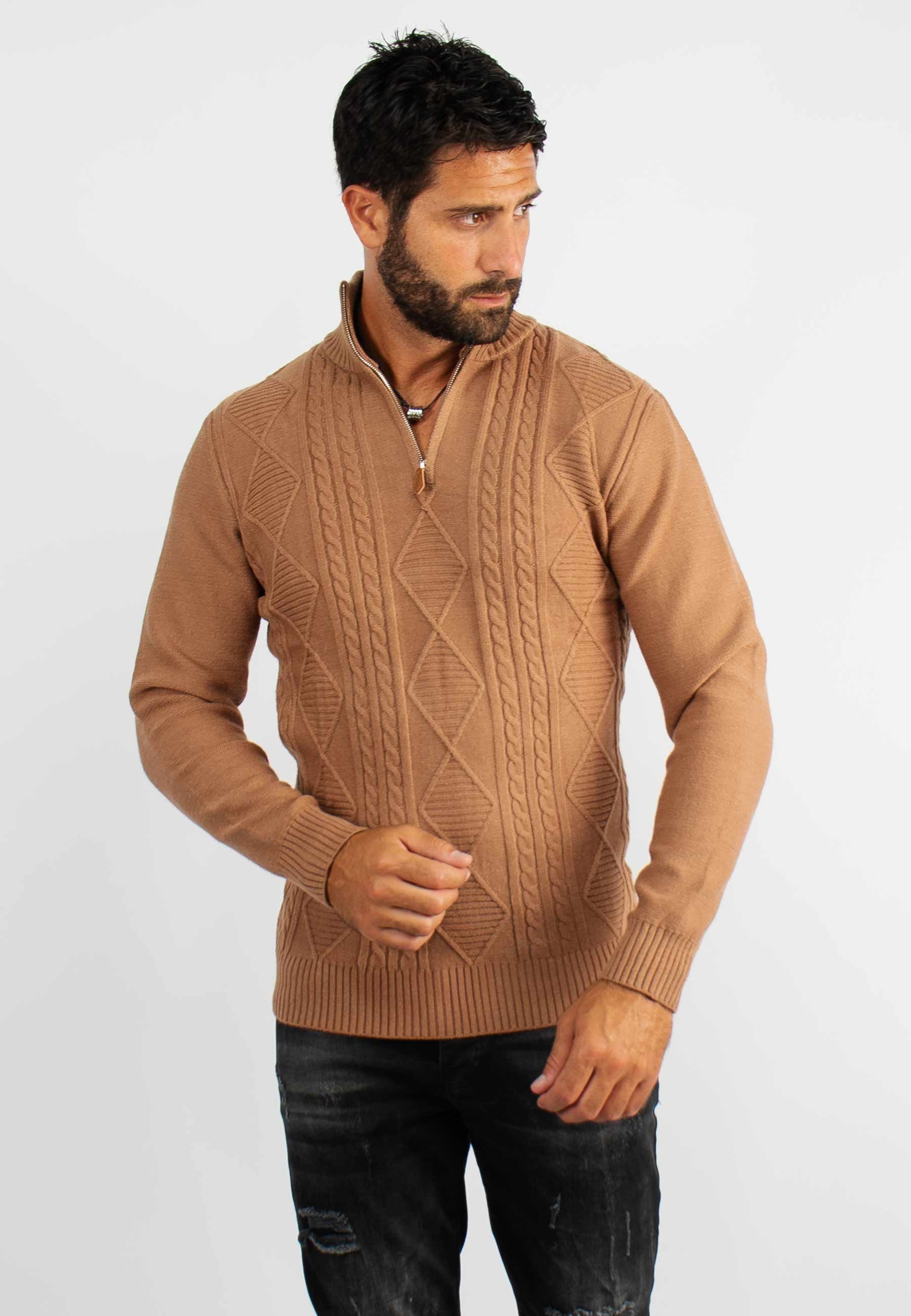 Pull en maille avec col zip camel