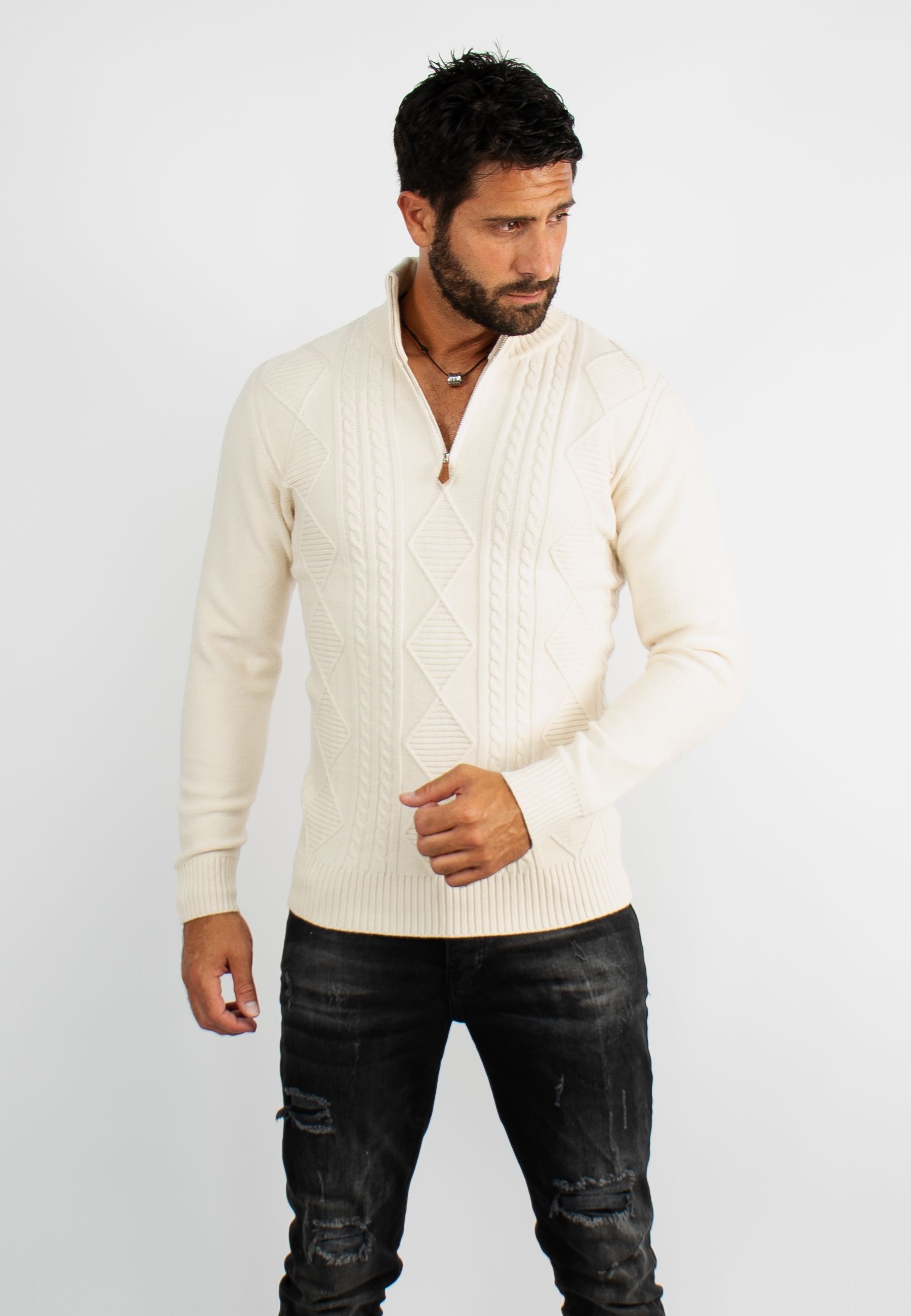 Pull en maille avec col zip ivoire