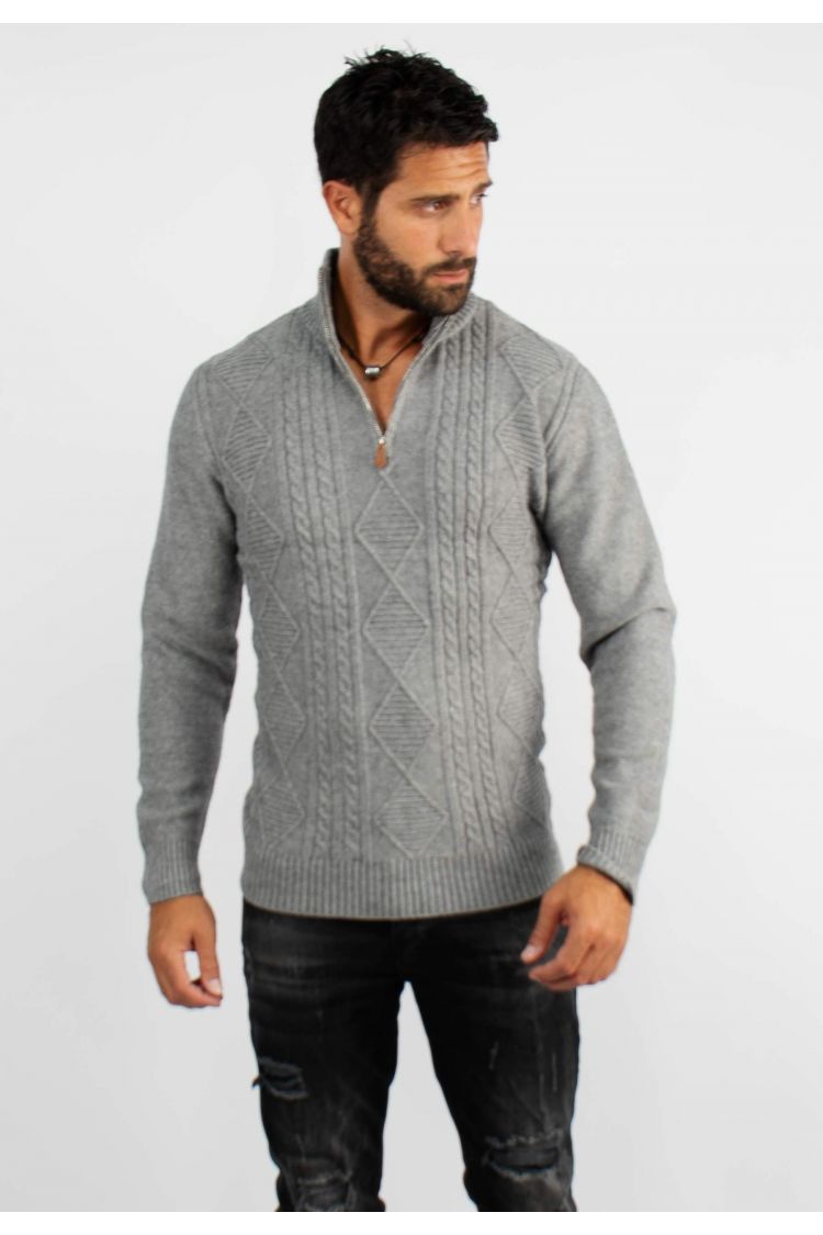 Pull en maille avec col zip gris chiné