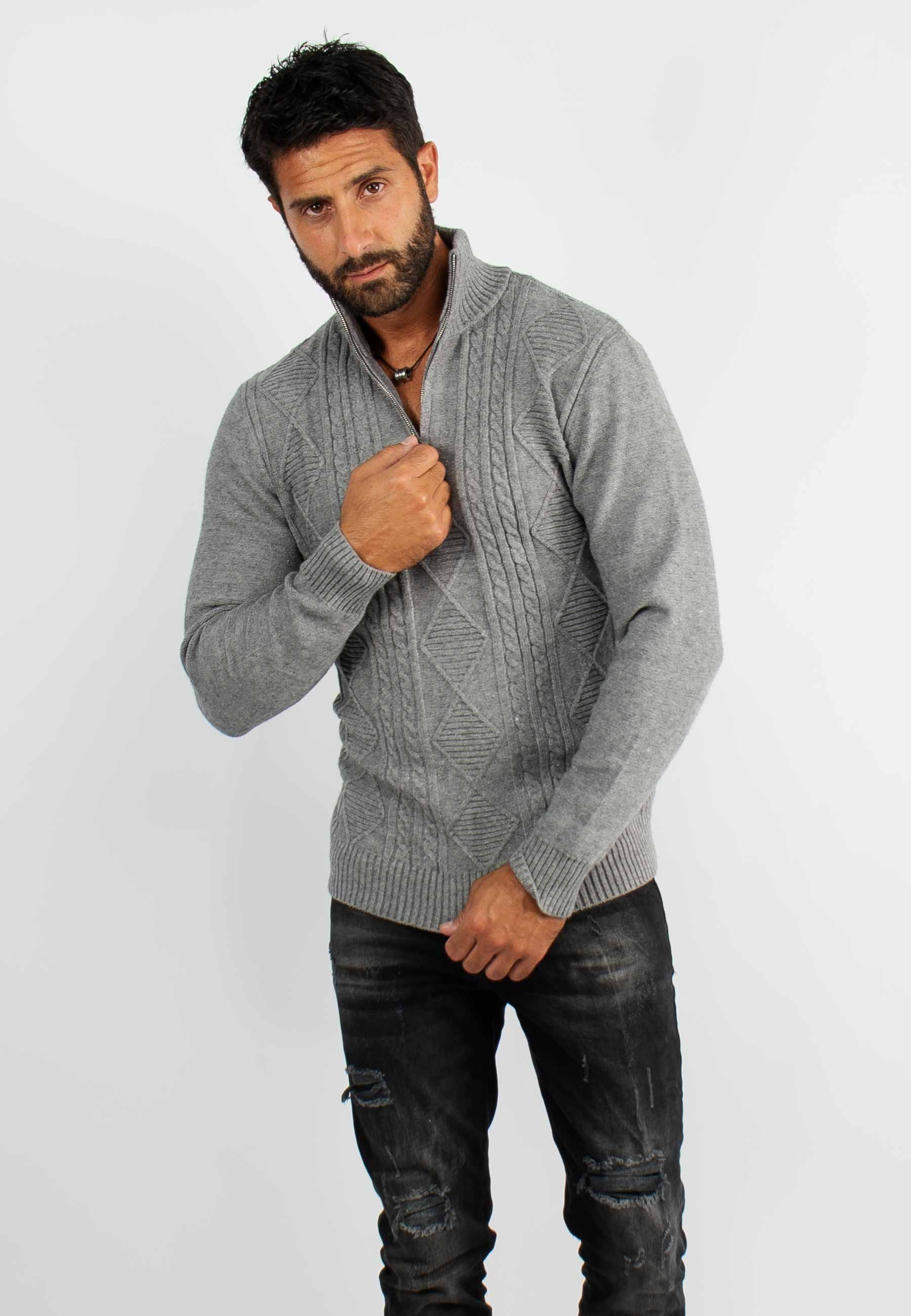 Pull en maille avec col zip gris chiné