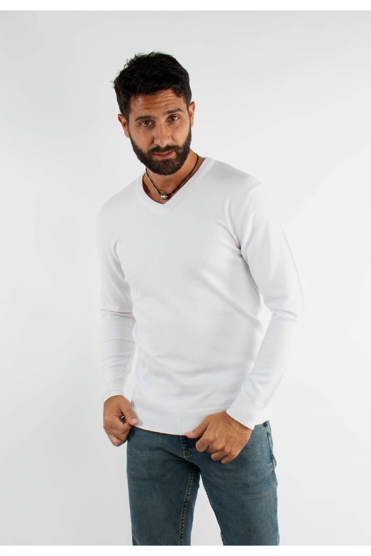 Pull blanc cashemere avec col V