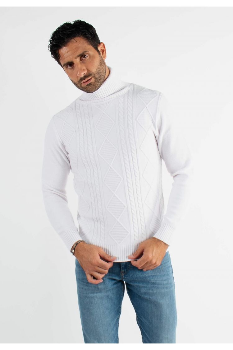 Pull col roulé blanc en cashemere avec motifs tricot torsadé