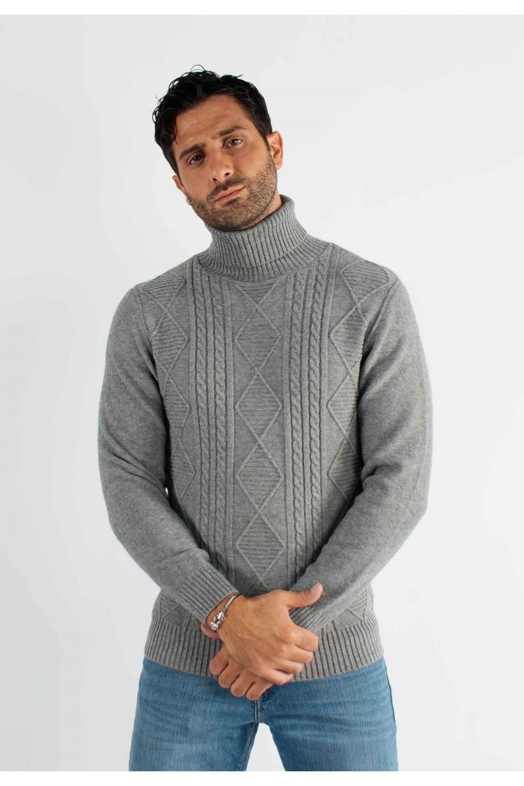 Pull col roulé gris chiné en cashemere avec motifs tricot torsadé