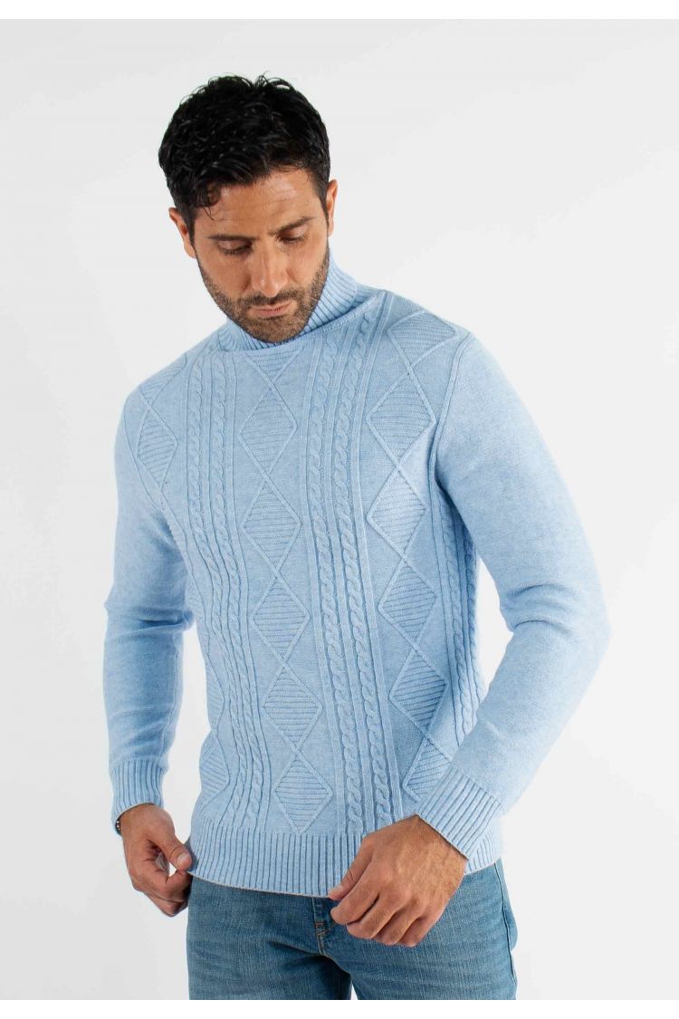 Pull col roulé bleu chiné en cashemere avec motifs tricot torsadé