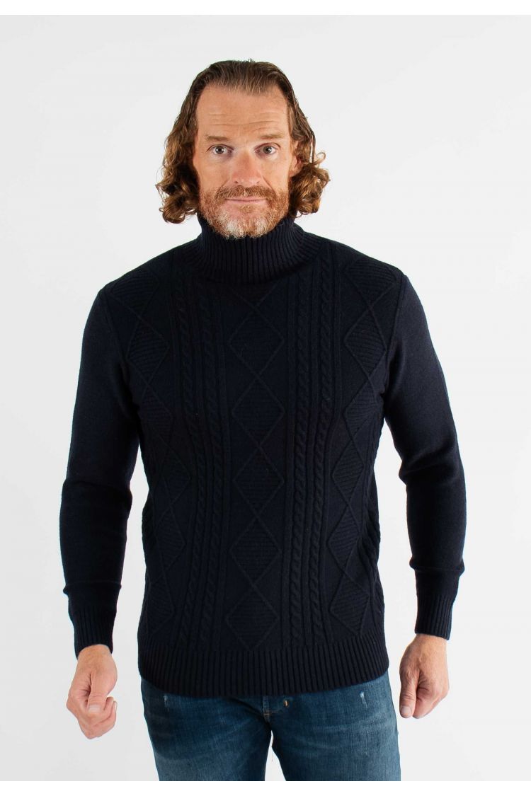 Pull col roulé navy en cashemere avec motifs tricot torsadé