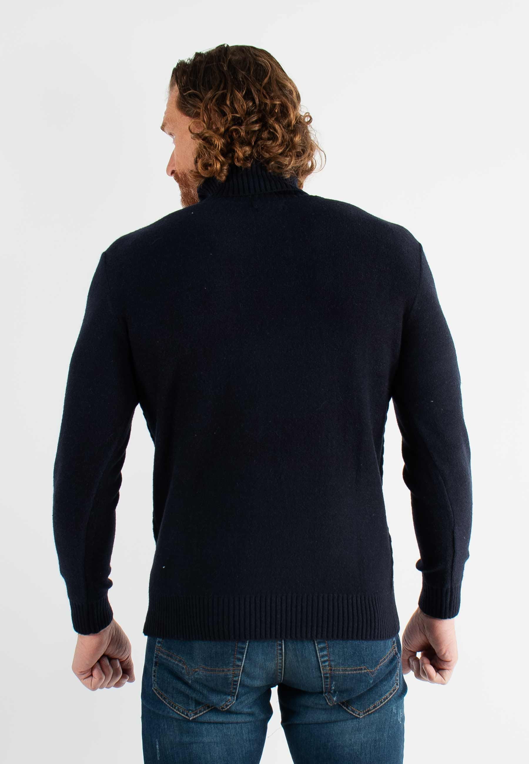 Pull col roulé navy en cashemere avec motifs tricot torsadé