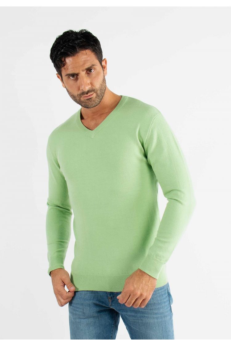 Pull col V vert en cashemere unicolore