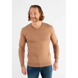 Pull col V camel en cashemere unicolore