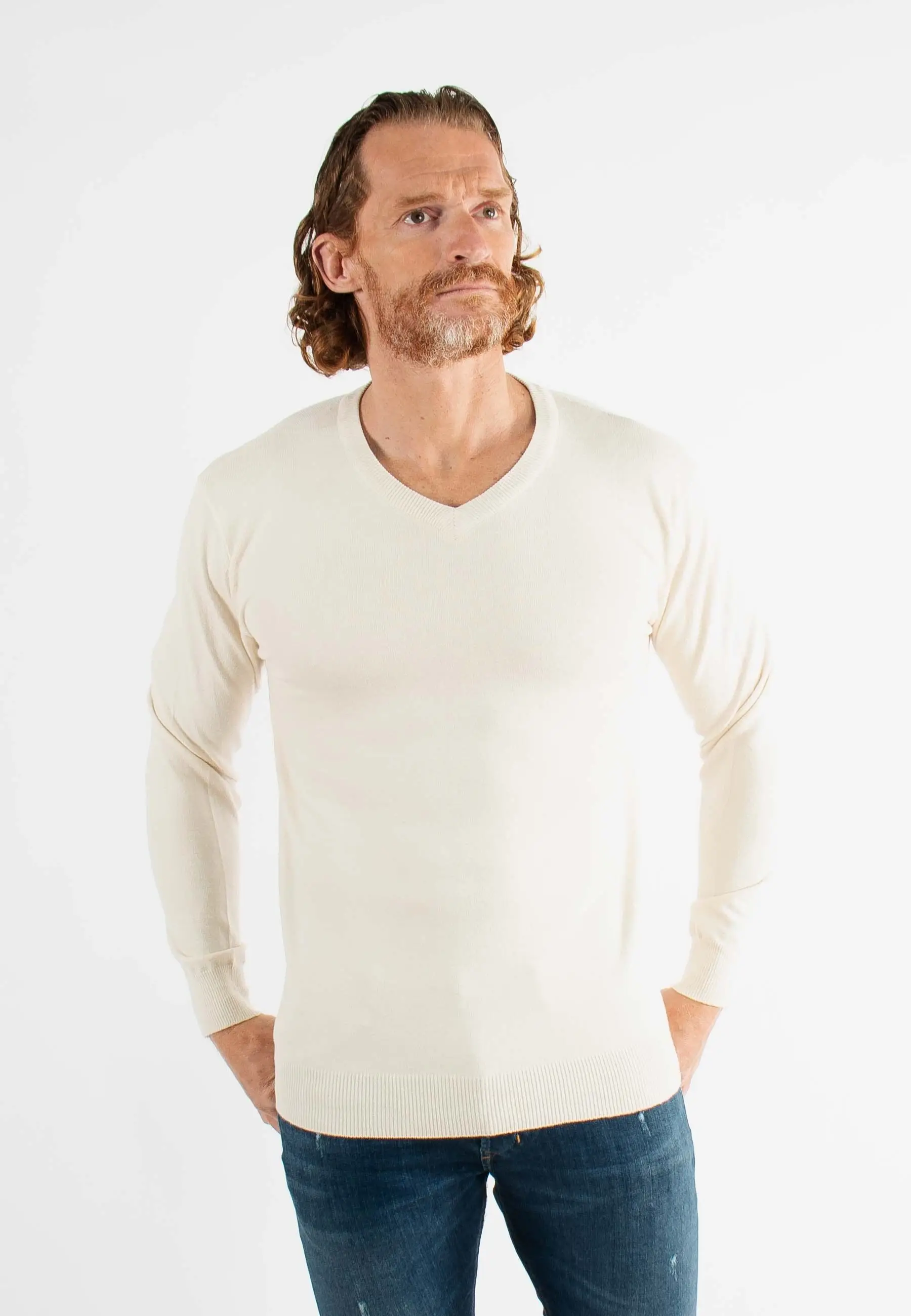 Pull col V ivoire en cashemere unicolore