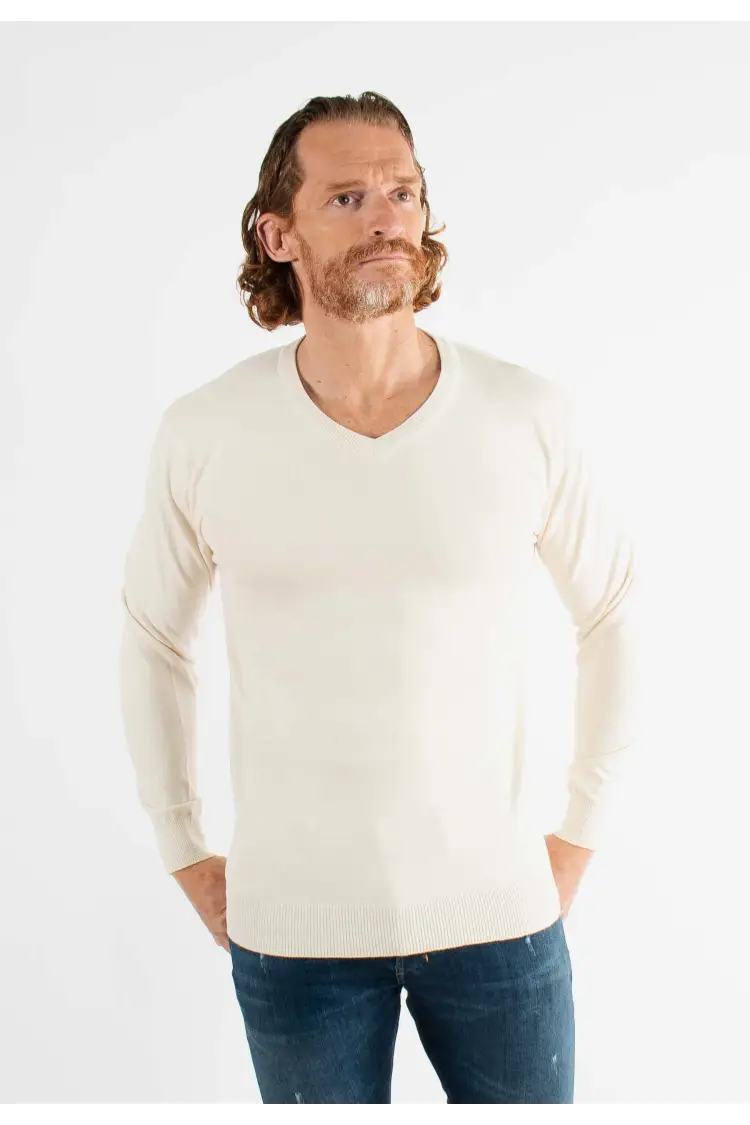 Pull col V ivoire en cashemere unicolore