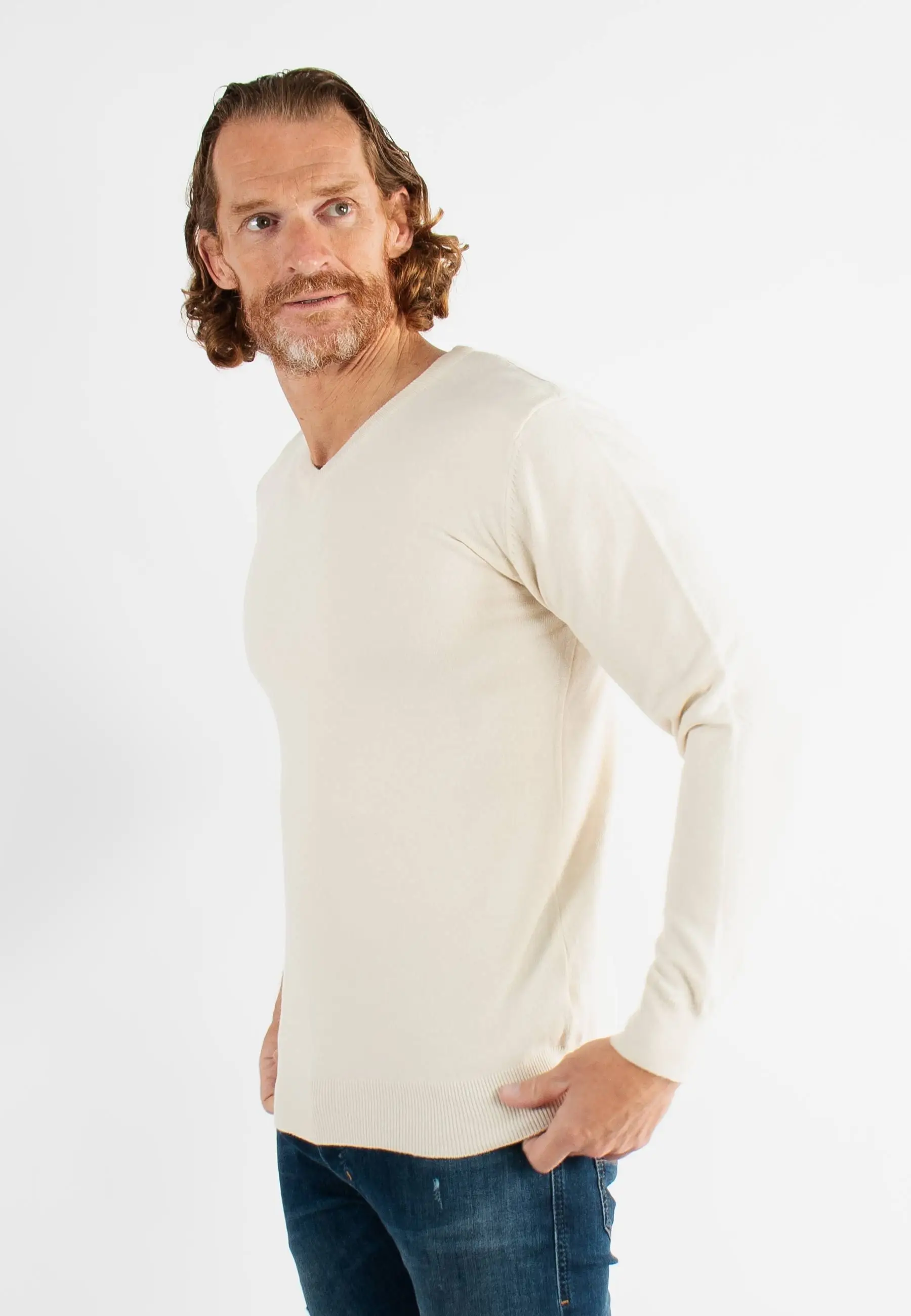 Pull col V ivoire en cashemere unicolore