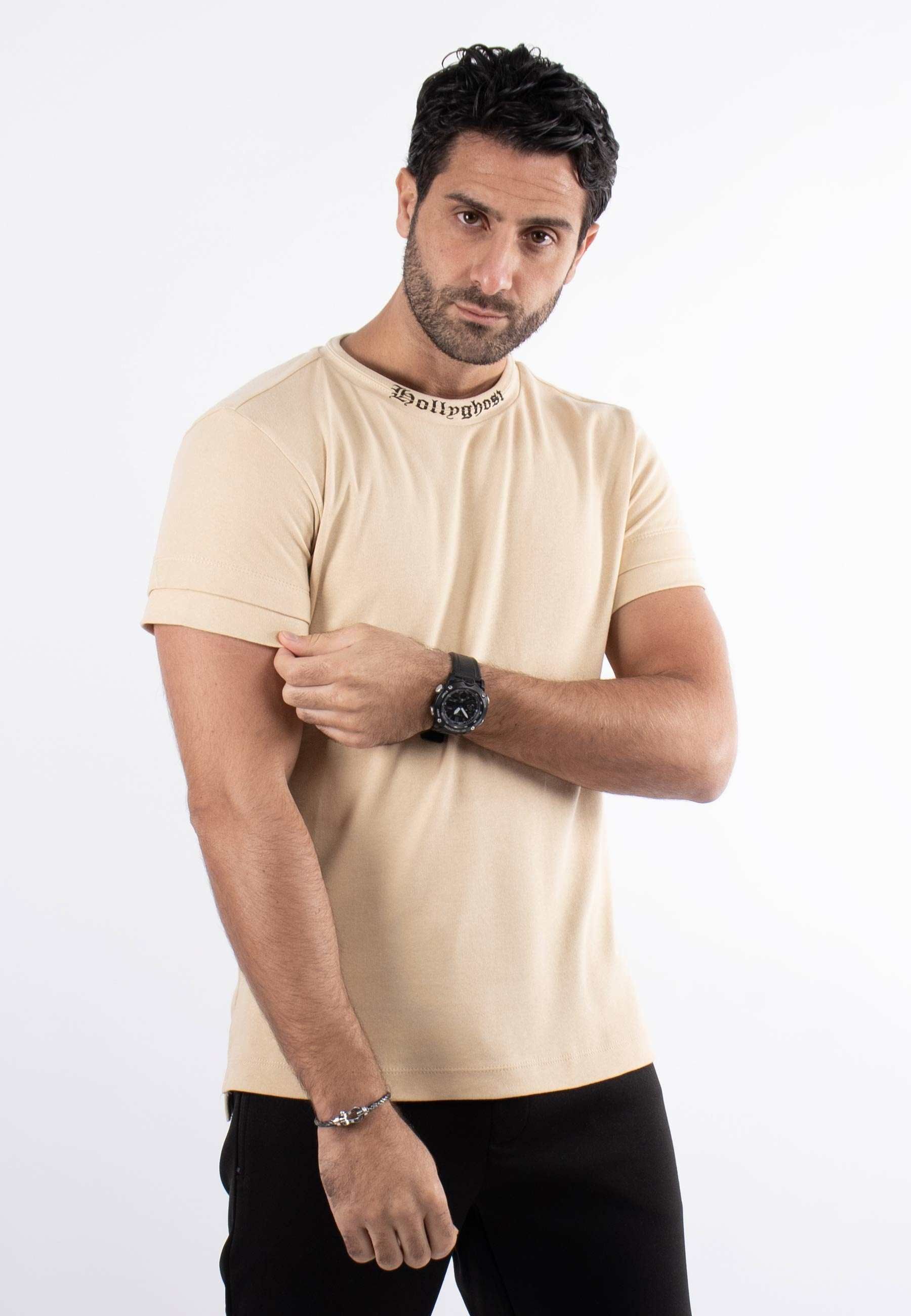 T-shirt beige avec impression sur col hollyghost