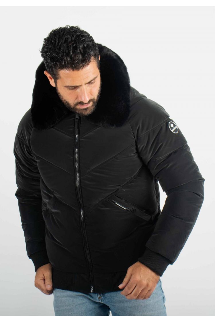 Blouson Homme Hiver Noir avec Col en Fourrure noir – Style Élégant et Confort Thermique