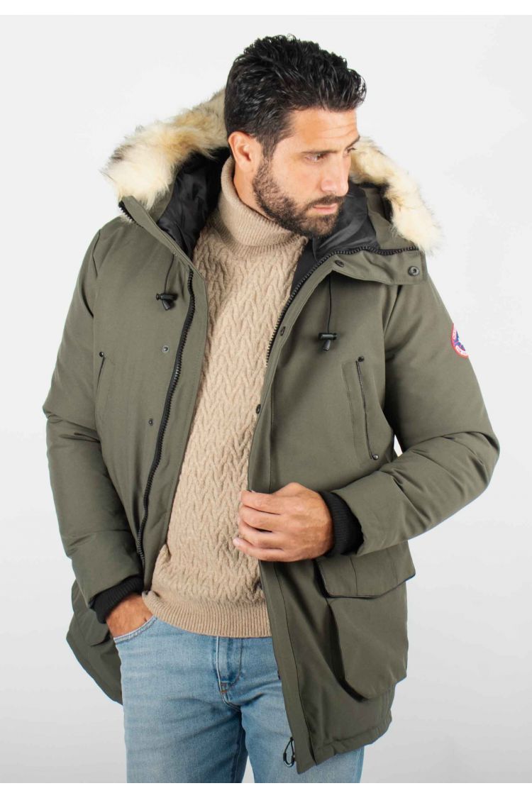 Parka Homme Hiver Vert Kaki avec Capuche Fourrée – Protection Optimale Contre le Froid