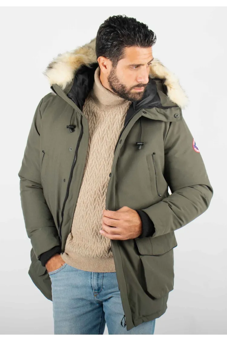 Parka Homme Hiver Vert Kaki avec Capuche Fourrée – Protection Optimale Contre le Froid