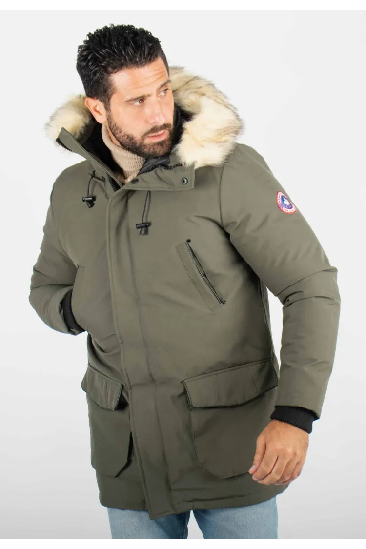 Parka Homme Hiver Vert Kaki avec Capuche Fourrée – Protection Optimale Contre le Froid