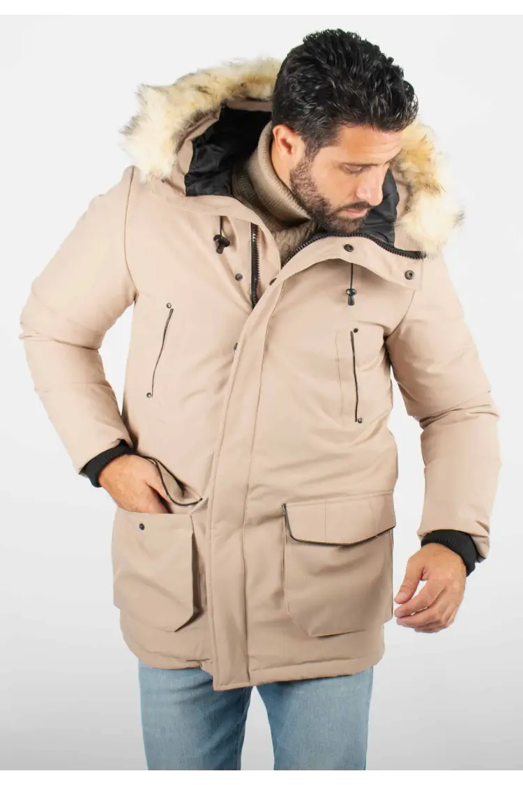 Parka Homme Hiver Beige avec Capuche en Fourrure – Élégance et Chaleur pour les Jours Froids