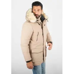 Parka Homme Hiver Beige avec Capuche en Fourrure – Élégance et Chaleur pour les Jours Froids