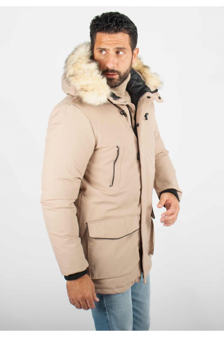 Parka Homme Hiver Beige avec Capuche en Fourrure – Élégance et Chaleur pour les Jours Froids