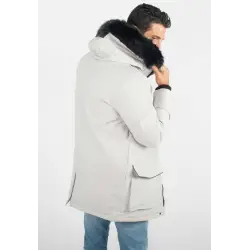 Parka Homme Hiver Grise avec Capuche en Fourrure noire – Élégance et Chaleur pour les Jours Froids