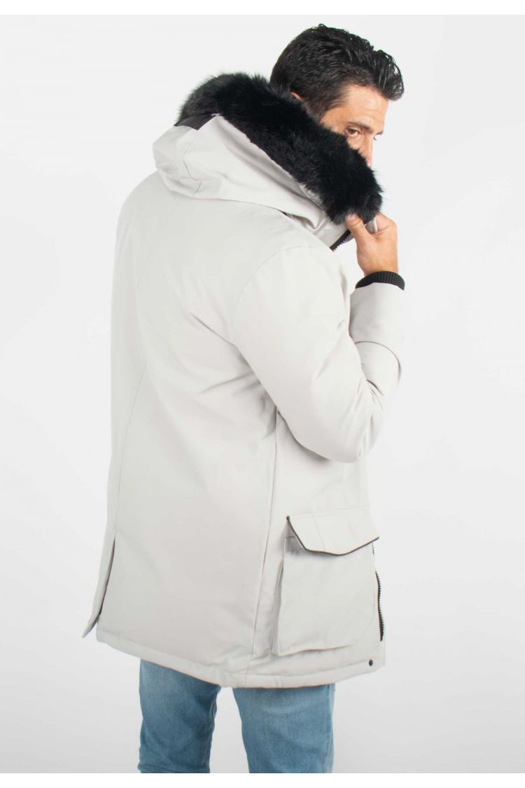 Parka Homme Hiver Grise avec Capuche en Fourrure noire – Élégance et Chaleur pour les Jours Froids