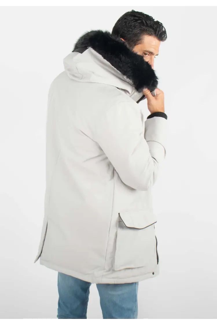 Parka Homme Hiver Grise avec Capuche en Fourrure noire – Élégance et Chaleur pour les Jours Froids