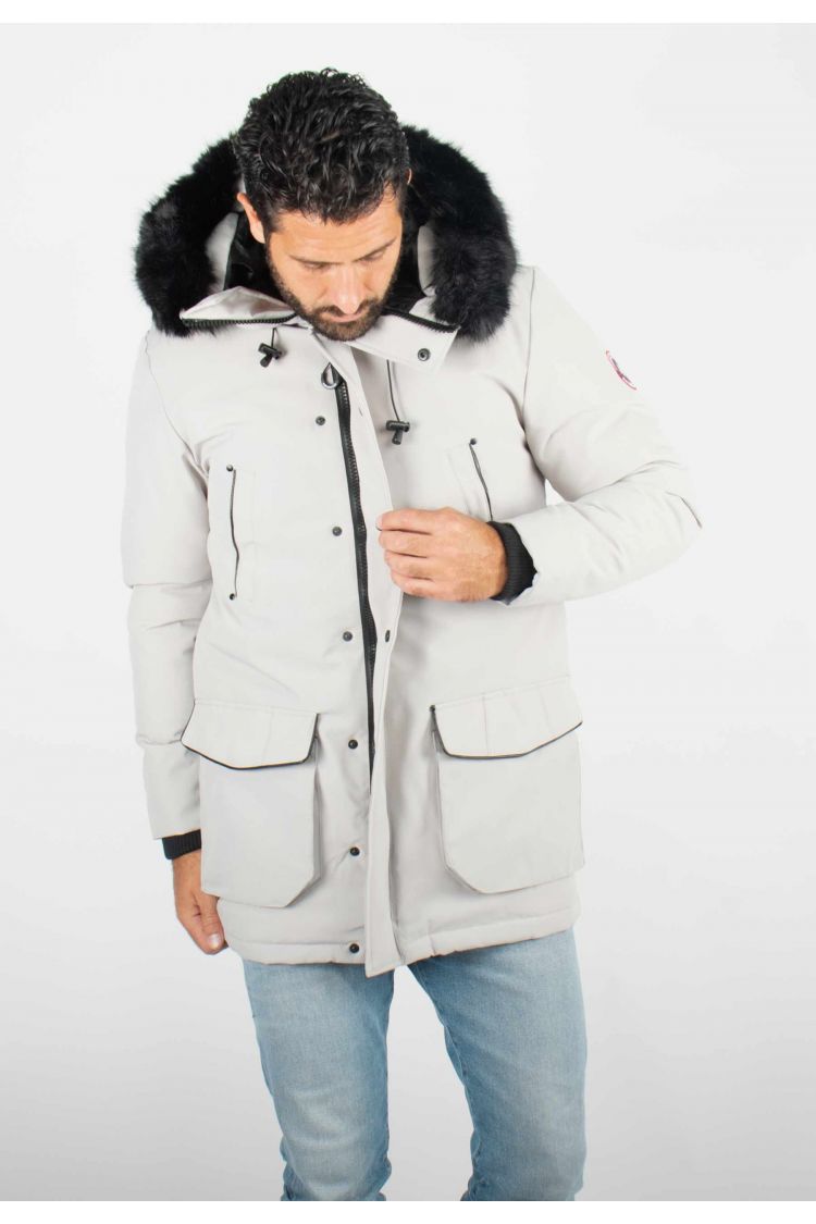 Parka Homme Hiver Grise avec Capuche en Fourrure noire – Élégance et Chaleur pour les Jours Froids
