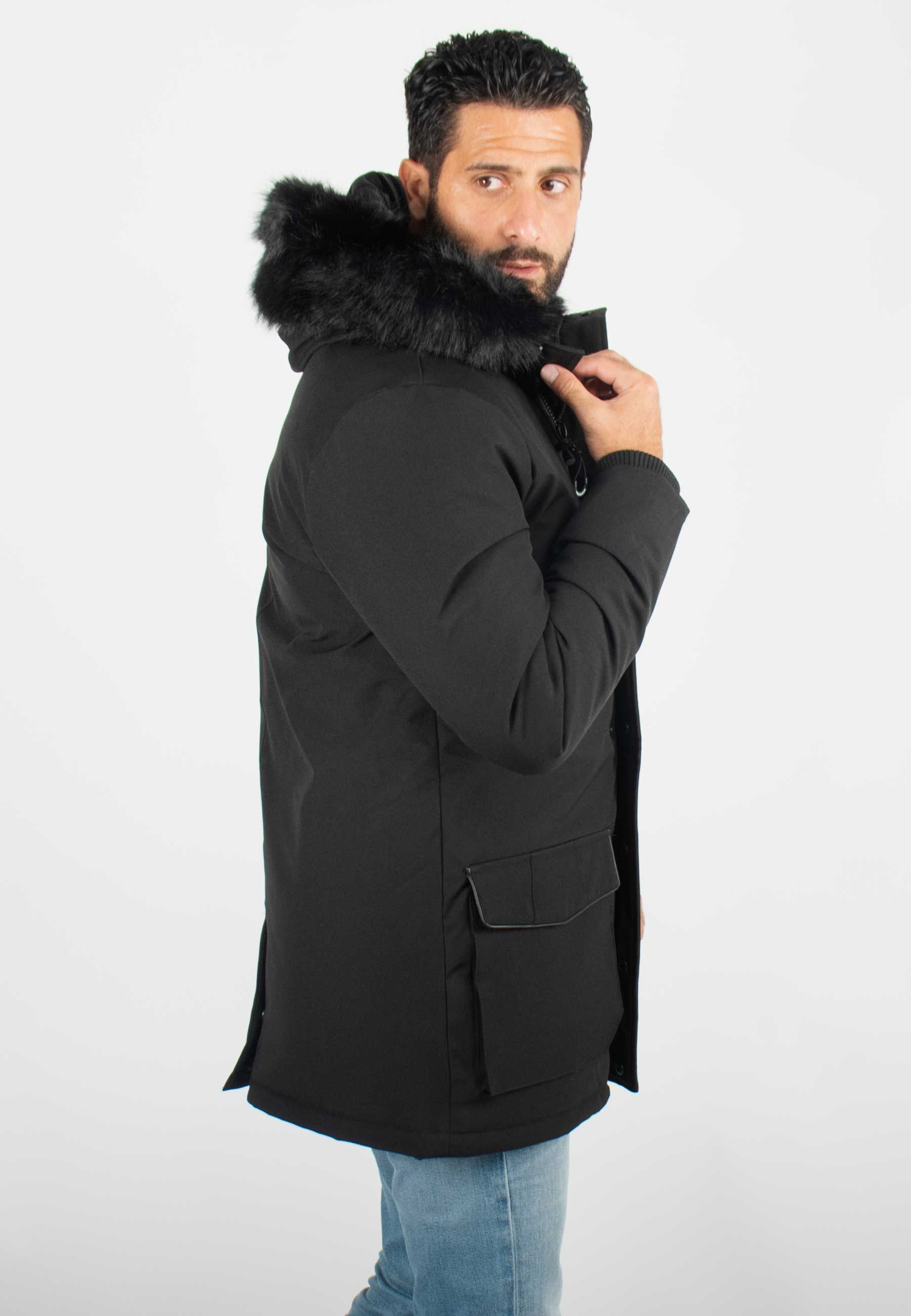 Parka noir Homme à Capuche avec Fourrure Synthétique noire – Élégance et Confort pour l'Hiver