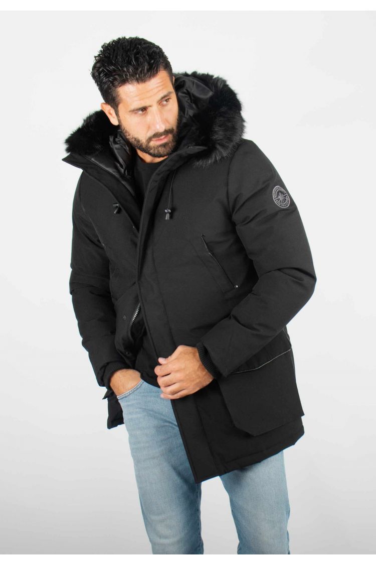 Parka noir Homme à Capuche avec Fourrure Synthétique noire – Élégance et Confort pour l'Hiver