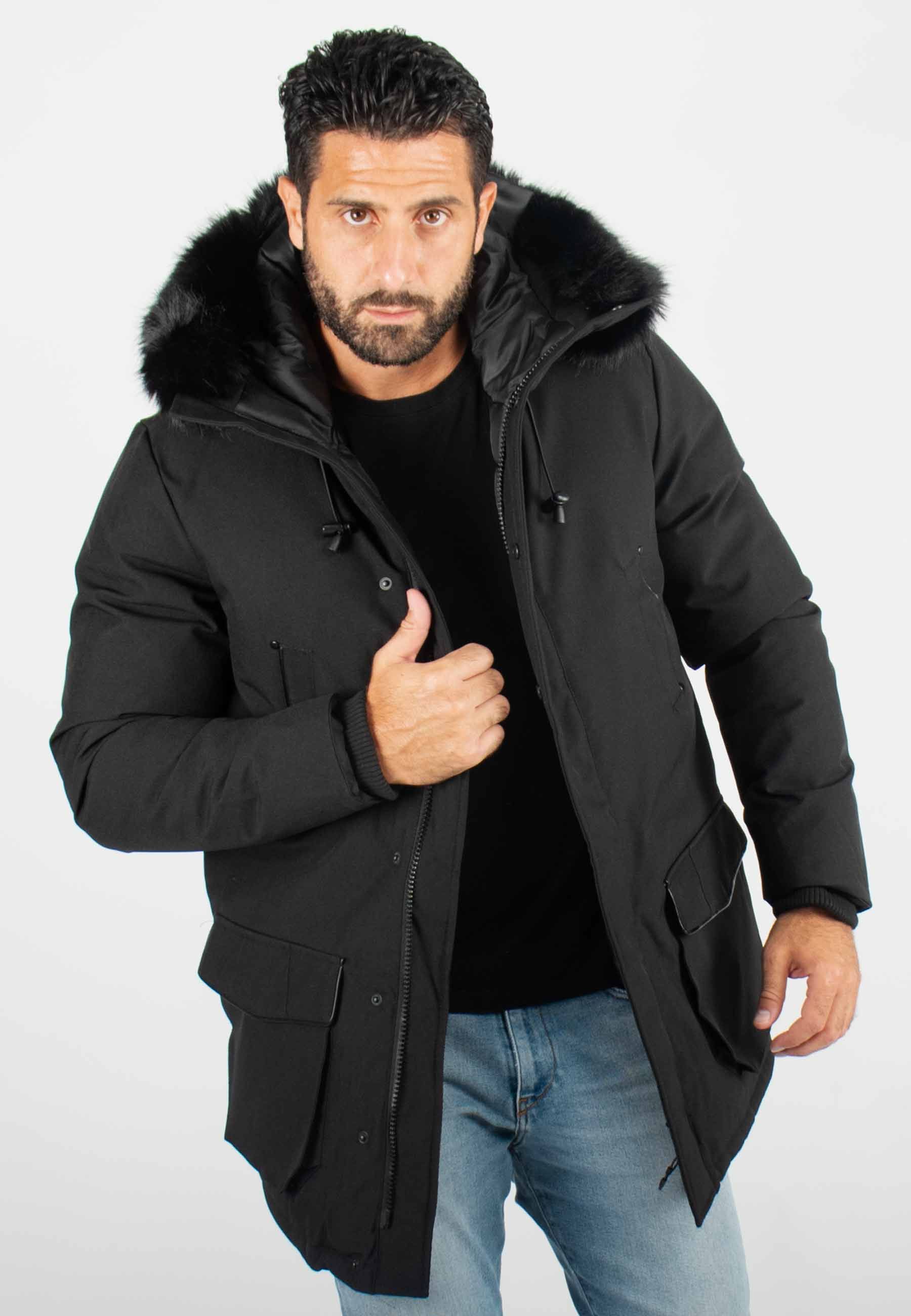 Parka noir Homme à Capuche avec Fourrure Synthétique noire – Élégance et Confort pour l'Hiver