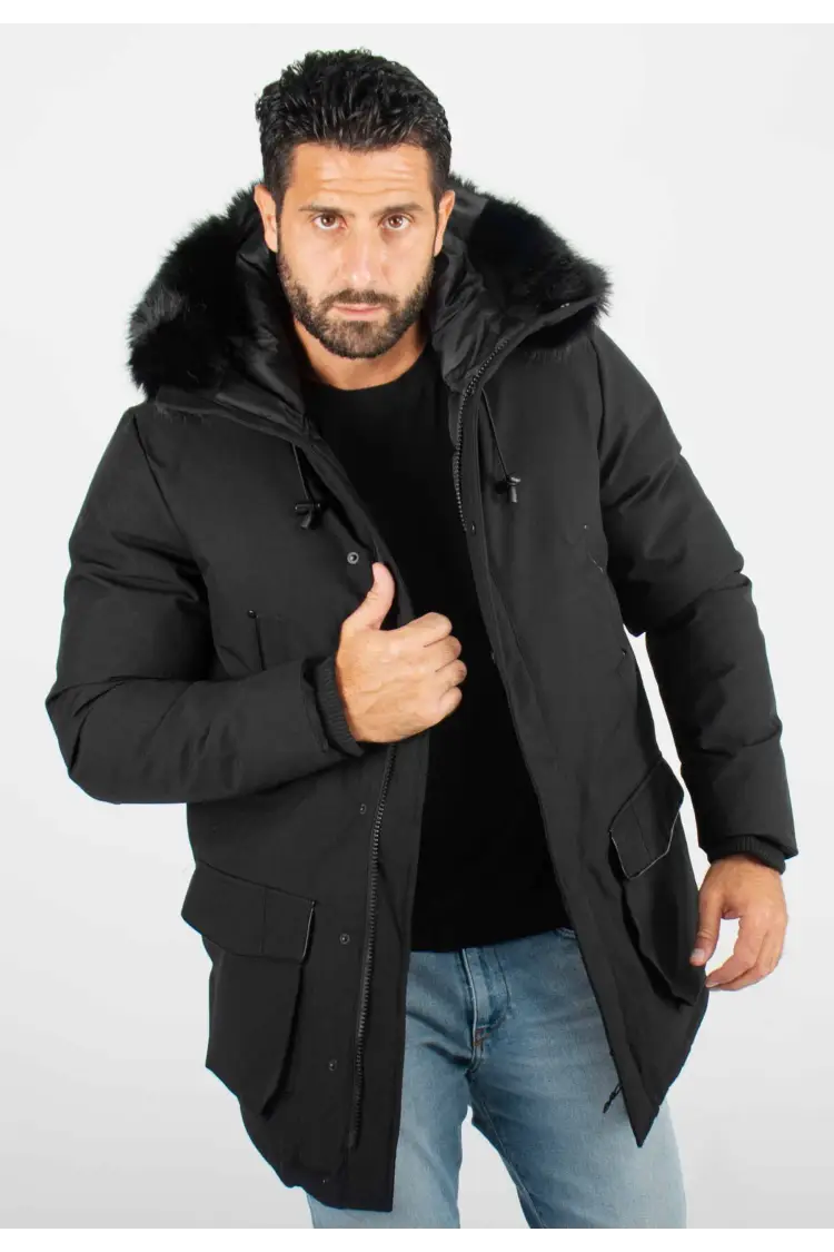 Parka noir Homme à Capuche avec Fourrure Synthétique noire – Élégance et Confort pour l'Hiver