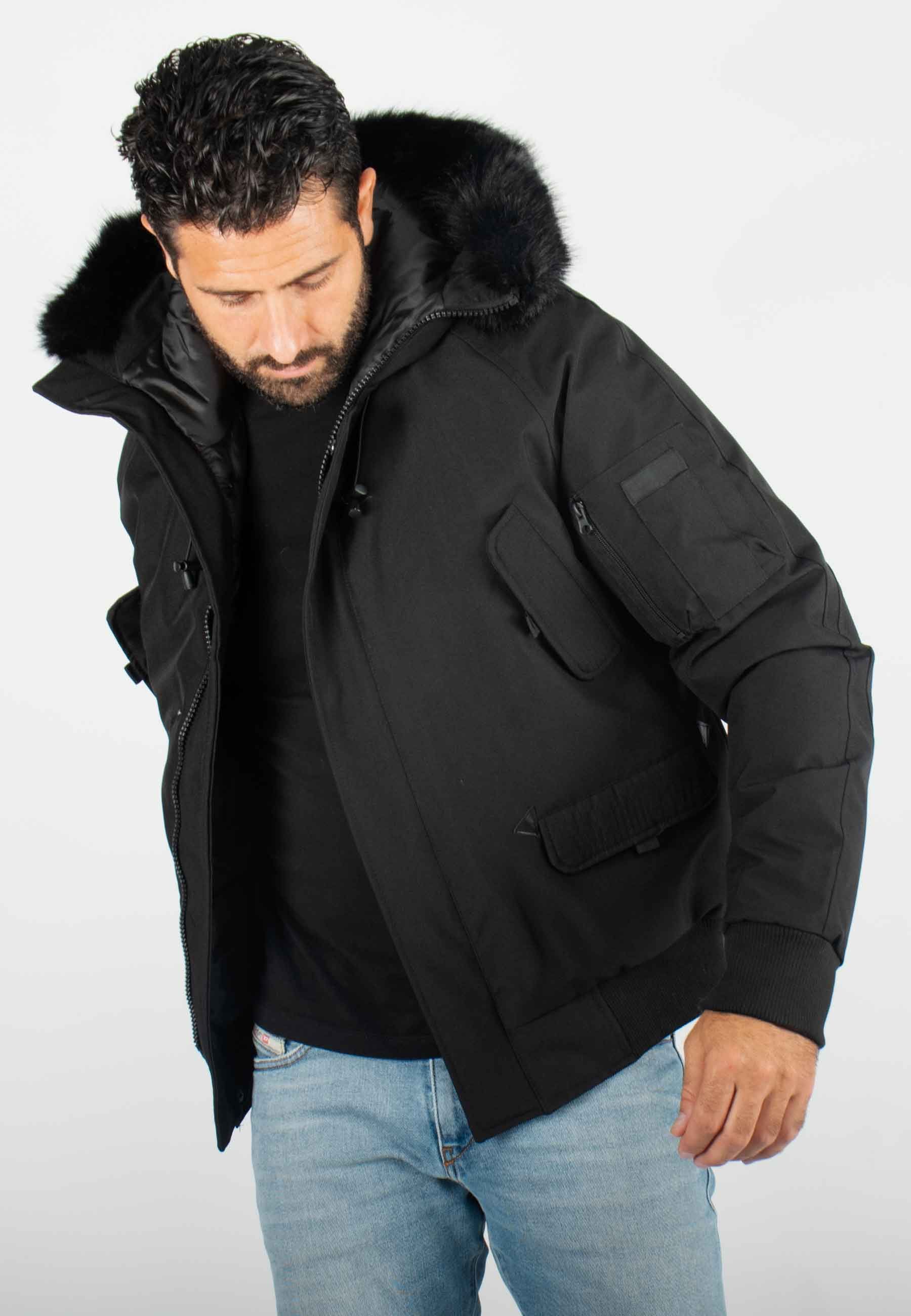 Blouson d'Hiver Homme avec Capuche en Fourrure noire – Look Moderne et Isolation Thermique